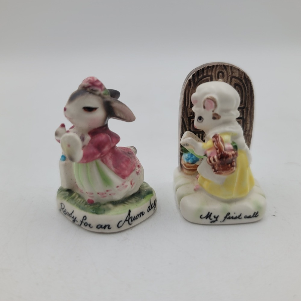 Vintage Avon Miniatures Ceramic Figurines Rabbit Mouse Ready for an Avon Day Set